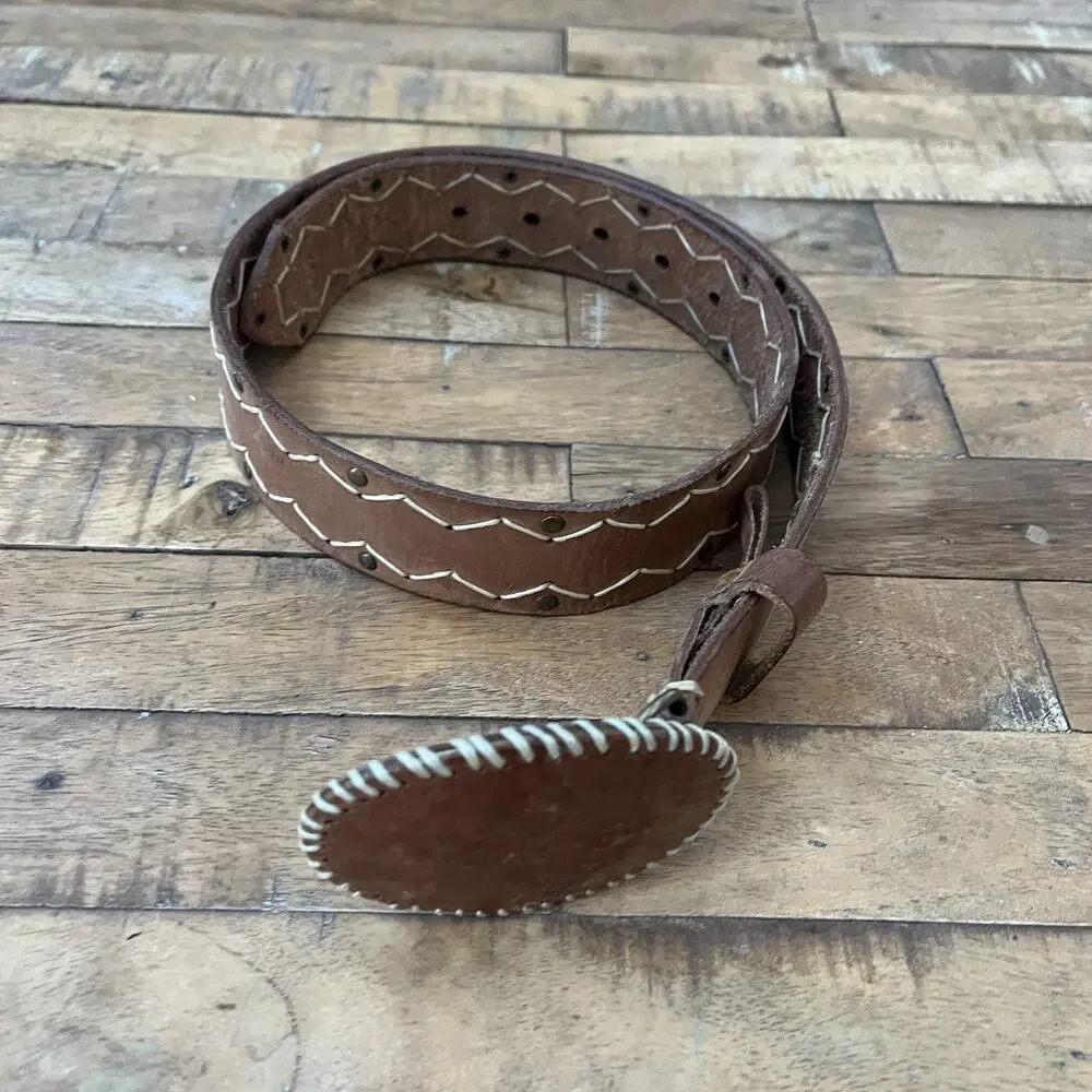 Brown Leather Belt Men's Size S White Whipstitch Chevron Pattern
